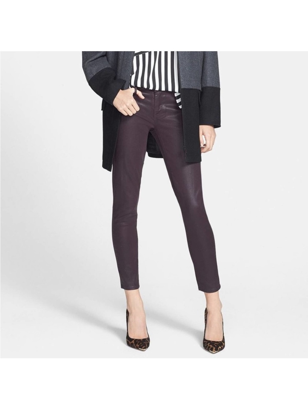 PAIGE Verdugo Ankle Skinny Wax Coated Denim Pants in Black Cherry Silk Womens 26